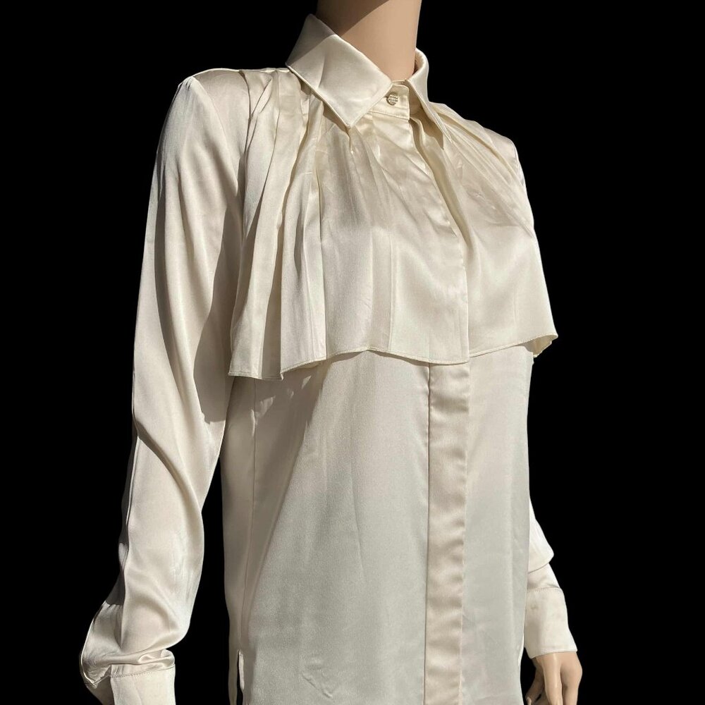 Rare CHANEL Silk Long Sleeve Button Bib Blouse Shirt Ivory Light Cream Size 36